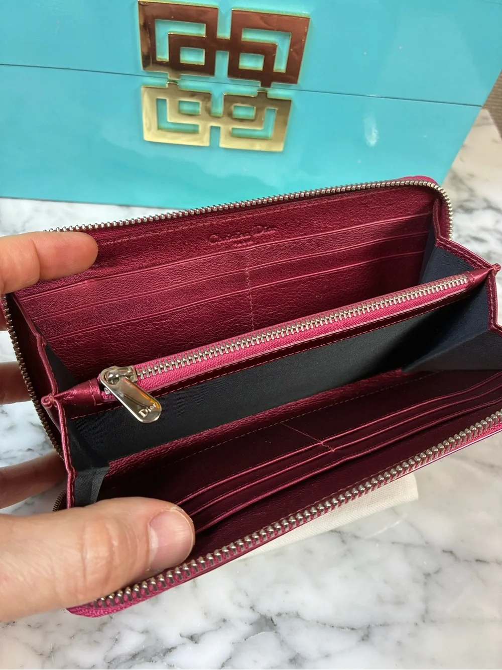 Christian Dior Lady Dior Dark Pink Patent Leather Zip Around Cannage Wallet
